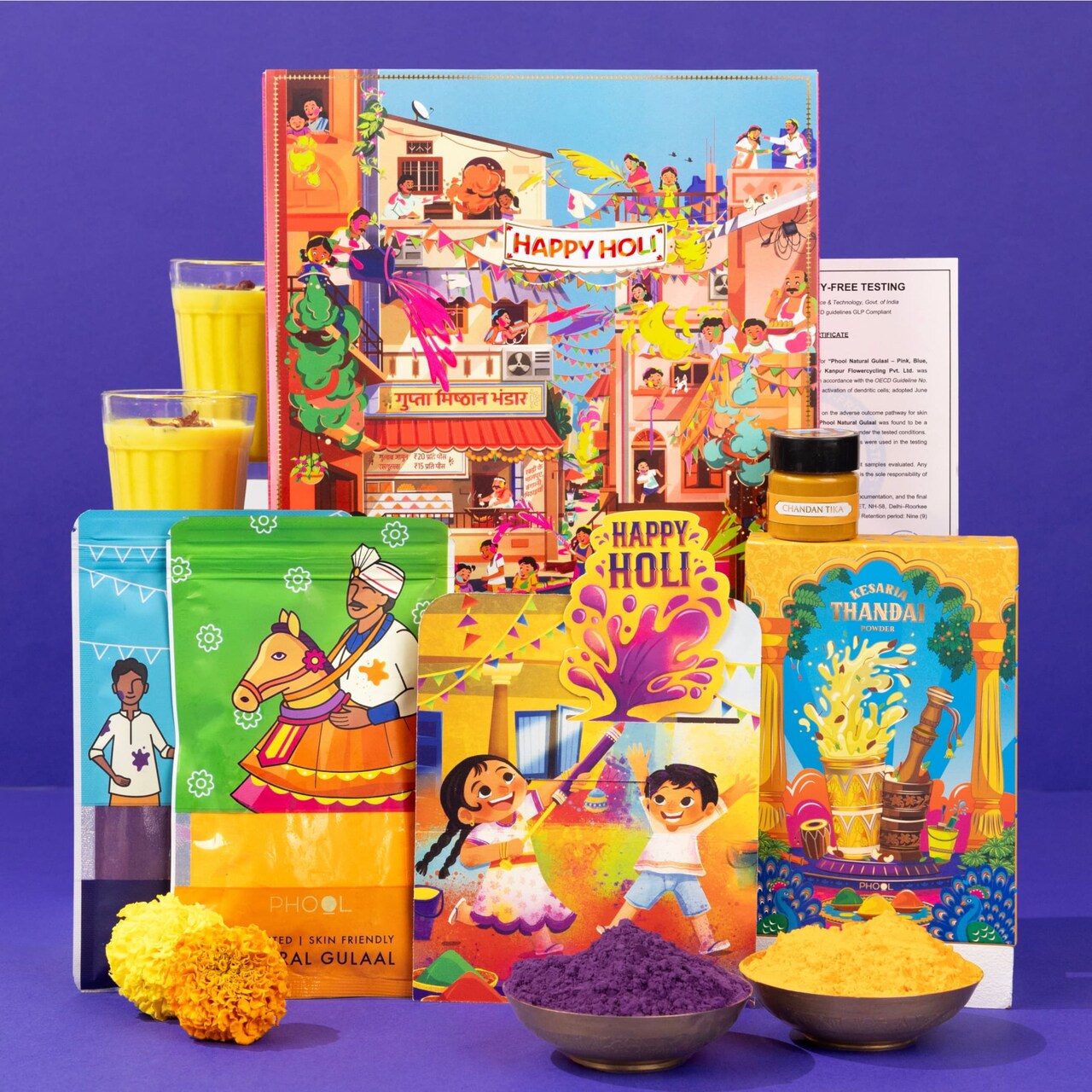 Premium Holi Gift Box - 2 Natural Gulal Colors (Purple & Orange), Thandai Mix & Chandan Tika | Holi Hamper with Greeting Card for Gifting & Celebration